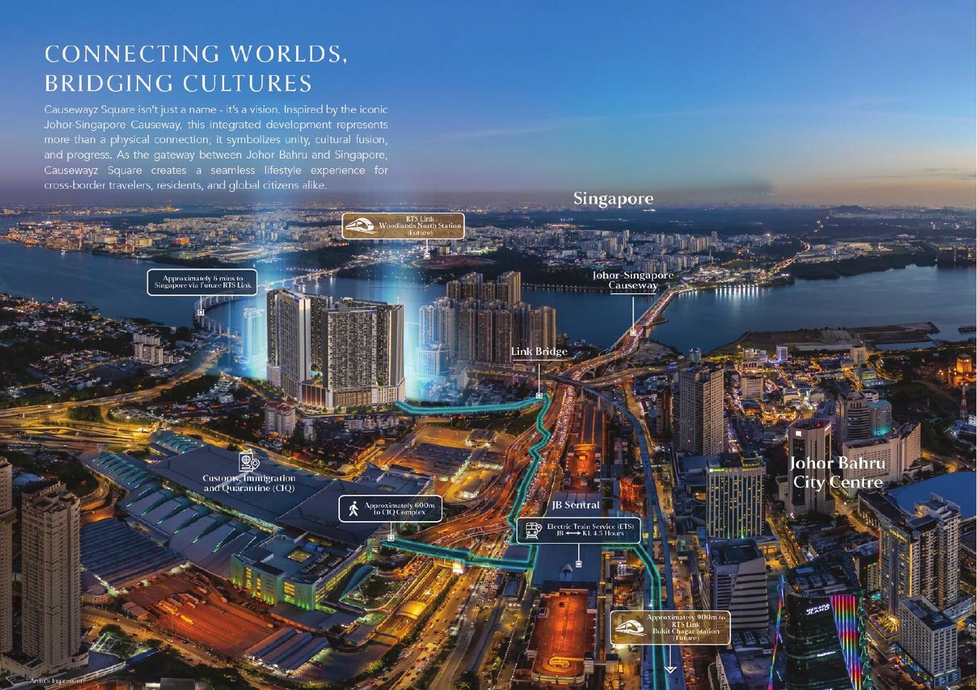 Aerial view — Causewayz Square, CIQ, the Causeway and Singapore skyline (artist's impression)
